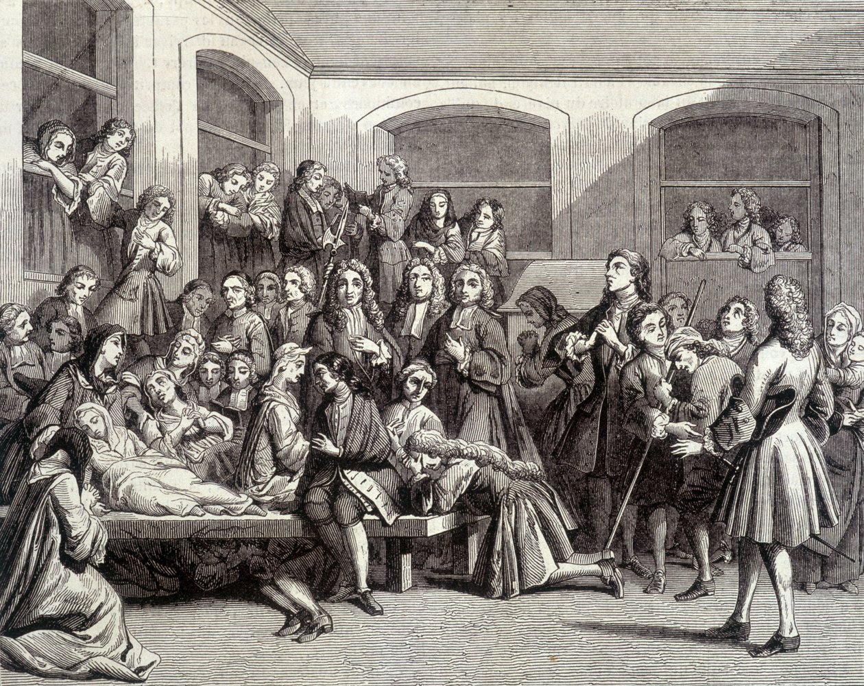 Jansenismus: die Konvulsionäre des Friedhofs Saint-Médard am Grab des Diakons Parés (1690 - 1727), wo „Wunder“ geschahen. Druck des 18. Jahrhunderts von French School