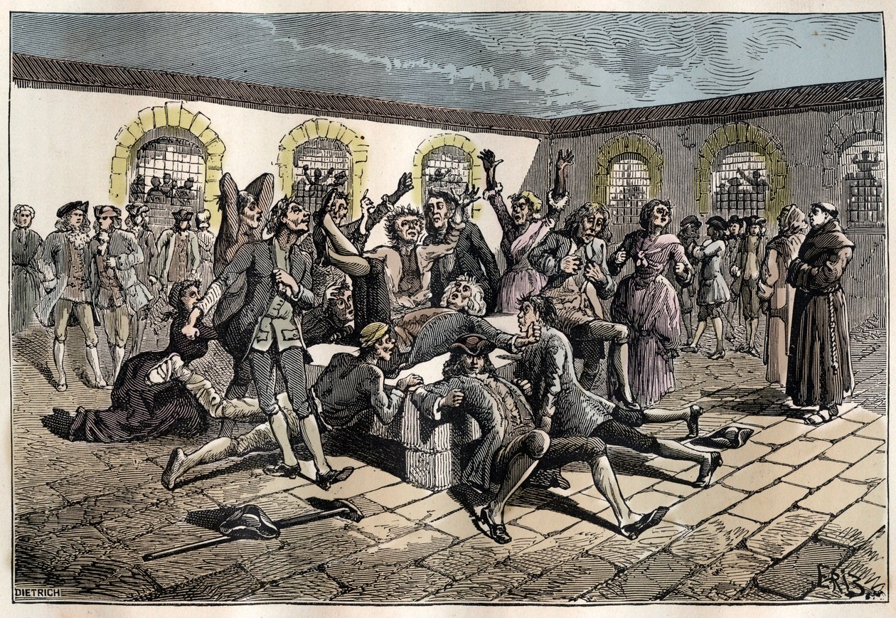 Jansenistischer Konvulsionär (oder Saint Medard) (Werke der Konvulsionen) im 18. Jahrhundert: „die Kranken und Gebrechlichen gehen zum Friedhof von Saint-Medard (wo sich das Grab des Diakons Francois Paris befindet), um wundersam geheilt zu werden“ (Konvul von French School