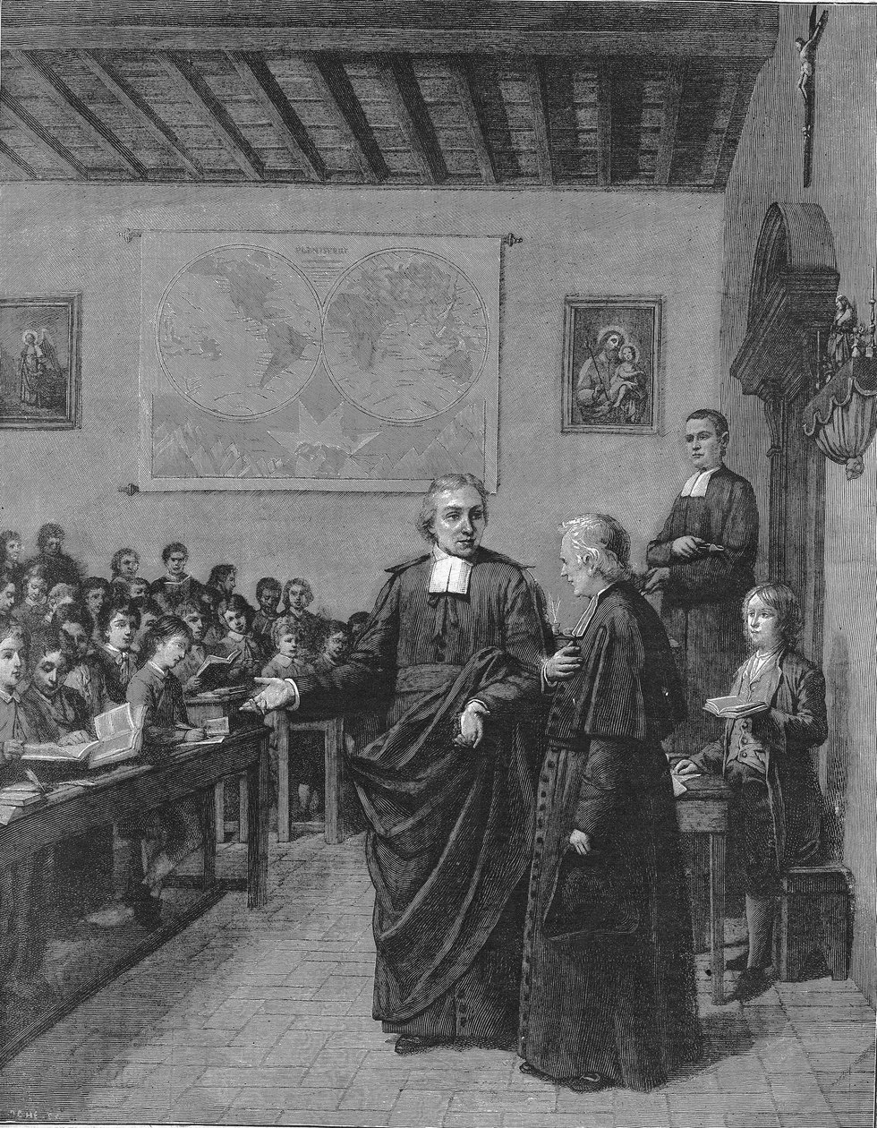 Jean Baptiste De La Salle (Jean-Baptiste) 1651-1719 französischer Geistlicher, Gründer der Kongregation der Brüder der christlichen Schulen, zeigt M. de La Chetardie eine seiner Schulen. Gravur aus dem späten 19. Jahrhundert. von French School