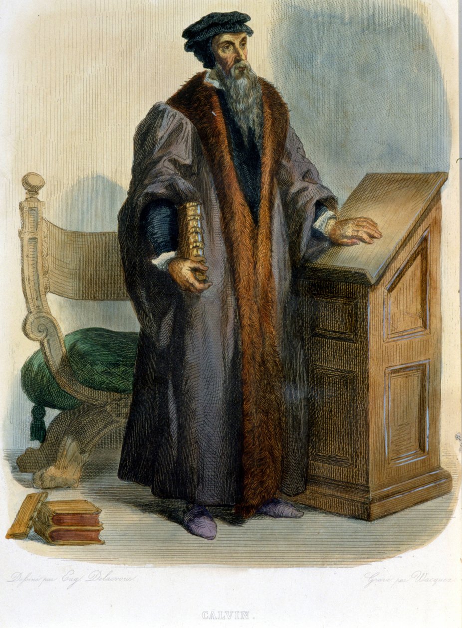 Jean Calvin (Jean Cauvin, französischer Reformator und Schriftsteller (1509-1564) - in "Le Plutarque français", Ed. Mennechet von French School