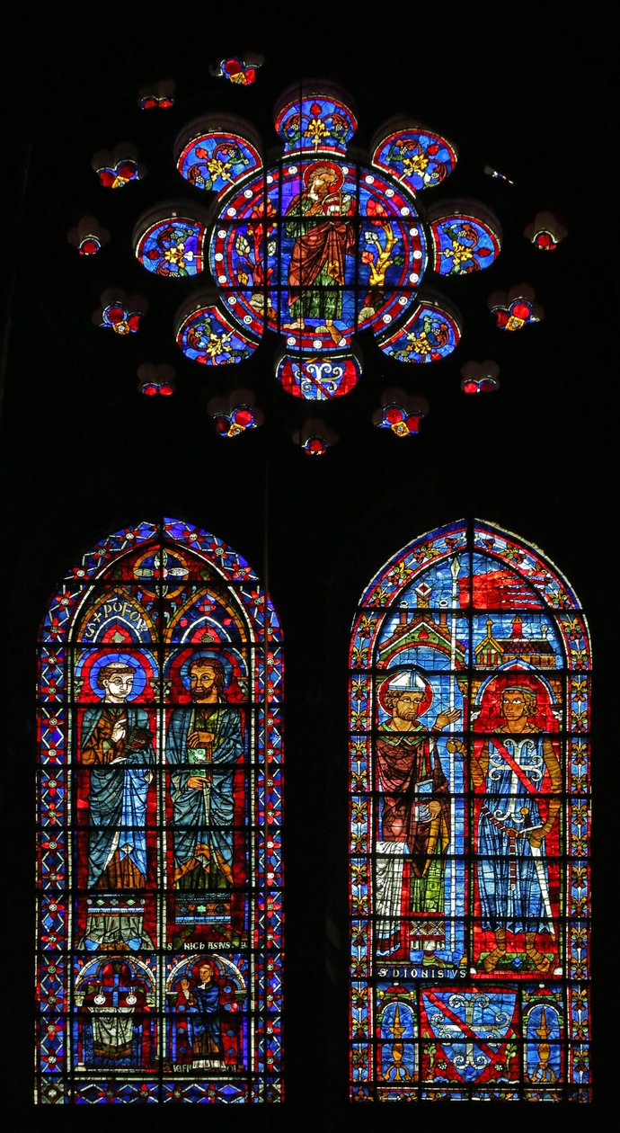 Jean Clement erhält das Banner von St. Denis; St. Nicaise und ein weiterer Heiliger von French School