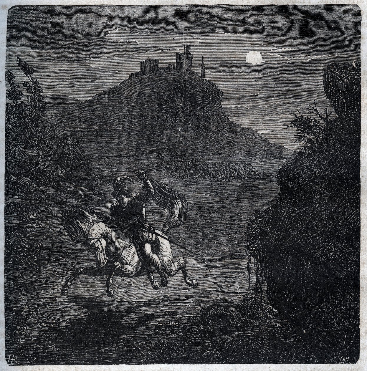 Jean de Laval Comte de Chateaubriant (1486-1543) floh nach England, nachdem er seine Frau Francoise de Foix, Gräfin von Chateaubriant (ca. 1495-1537), ermordet hatte. Gravur von 1871 in „Histoire Des Cocuses Celebres“ von Henry de Kock von French School