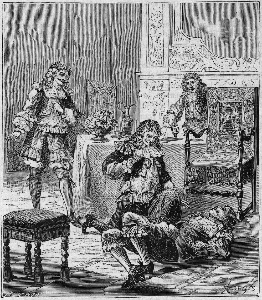 Jean de SANTEUL (Santeuil) (1630-1697) vergiftet mit einem Glas Wein, in das Tabak aus Spanien gegeben wurde - Gravur in "Wissenschaften für alle zugänglich gemacht - Physik und Chemie" von Alexis Clerc - Ende des 19. Jahrhunderts - Private Sammlung von French School