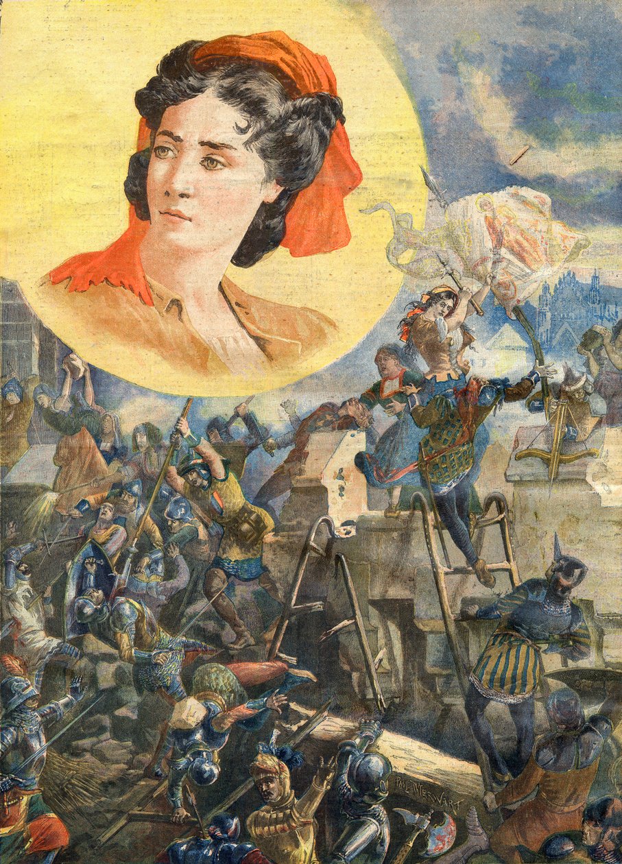 Jeanne Laisne (1456-?), bekannt als Jeanne Fourquet, Spitzname Jeanne Hachette Französische Heldin - Jeanne Hachette bei der Belagerung von Beauvais 1472 - Illustration für Le Petit Journal, 8. Januar 1894. von French School