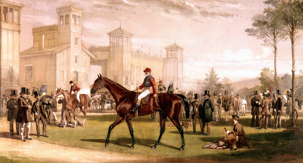 Jockey auf seinem Pferd auf der Rennbahn von Longchamps von French School