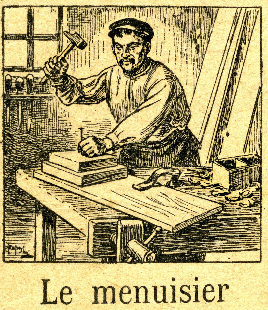 Tischler, der einen Nagel mit einem Hammer in eine Montage von Brettern auf seiner Werkbank schlägt. Gravur eines Silbenbuches (Lesebuch) um 1920. von French School