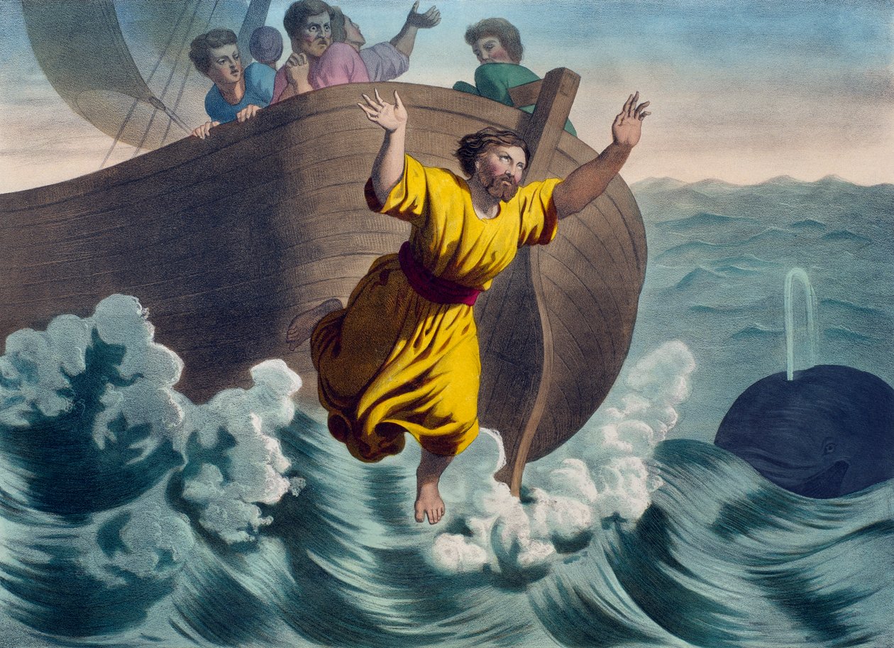 Jona wird ins Meer geworfen, Illustration aus einem Katechismus L