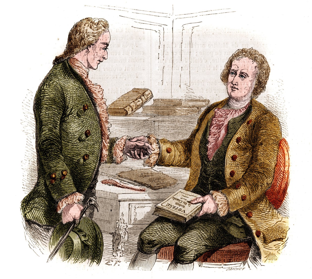 Joseph de Maistre (1753-1821), französischer Politiker, Schriftsteller und Philosoph, und Graf Xavier de Maistre (1763-1852), französischer Offizier und Schriftsteller mit der ersten Ausgabe von „Reise um mein Zimmer“. Waldzeichnung. Gravur von 1852. von French School