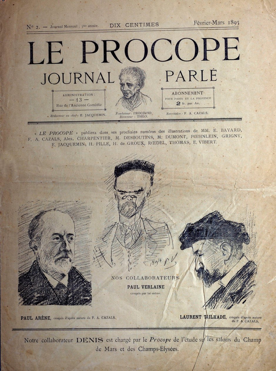 Journal du Procope, Pariser Café, Februar 1895: Porträts der französischen Dichter Paul Verlaine, Paul Arène und Laurent Tailhade von French School