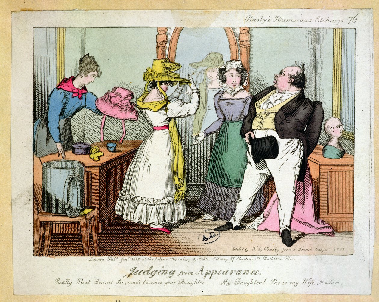 Urteilen nach dem Aussehen, Nummer 76 von Busbys humorvollen Radierungen, graviert von Thomas Busby (fl. 1804-21) 1828 von French School