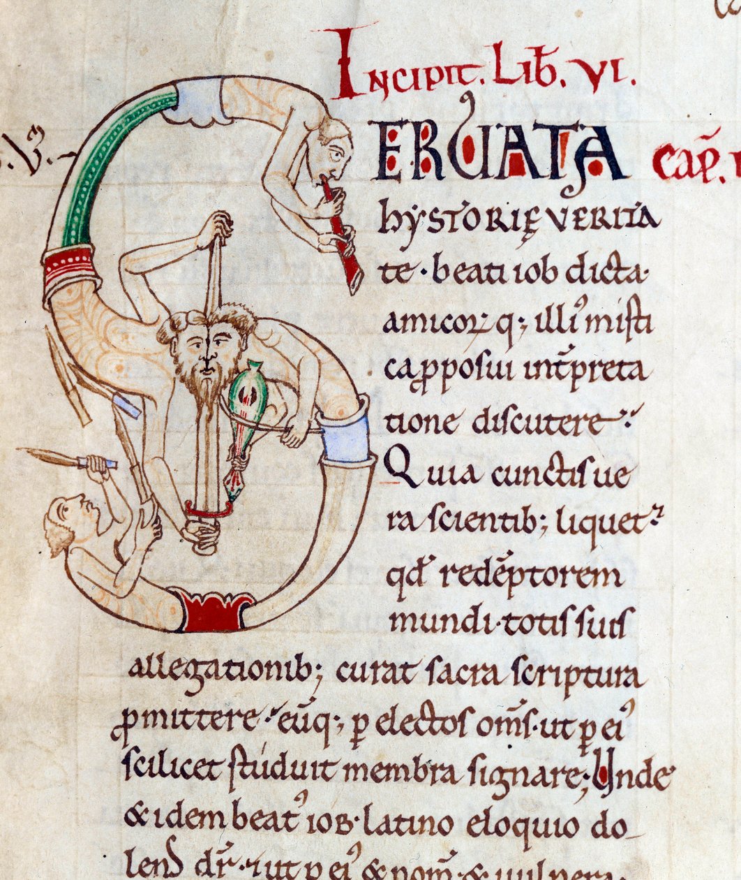 Gaukler und Musiker - Initiale S. Miniatur aus dem Manuskript "Moralia in Job", Morales sur Job von Saint Gregoire, aus der Abtei Citeaux von French School