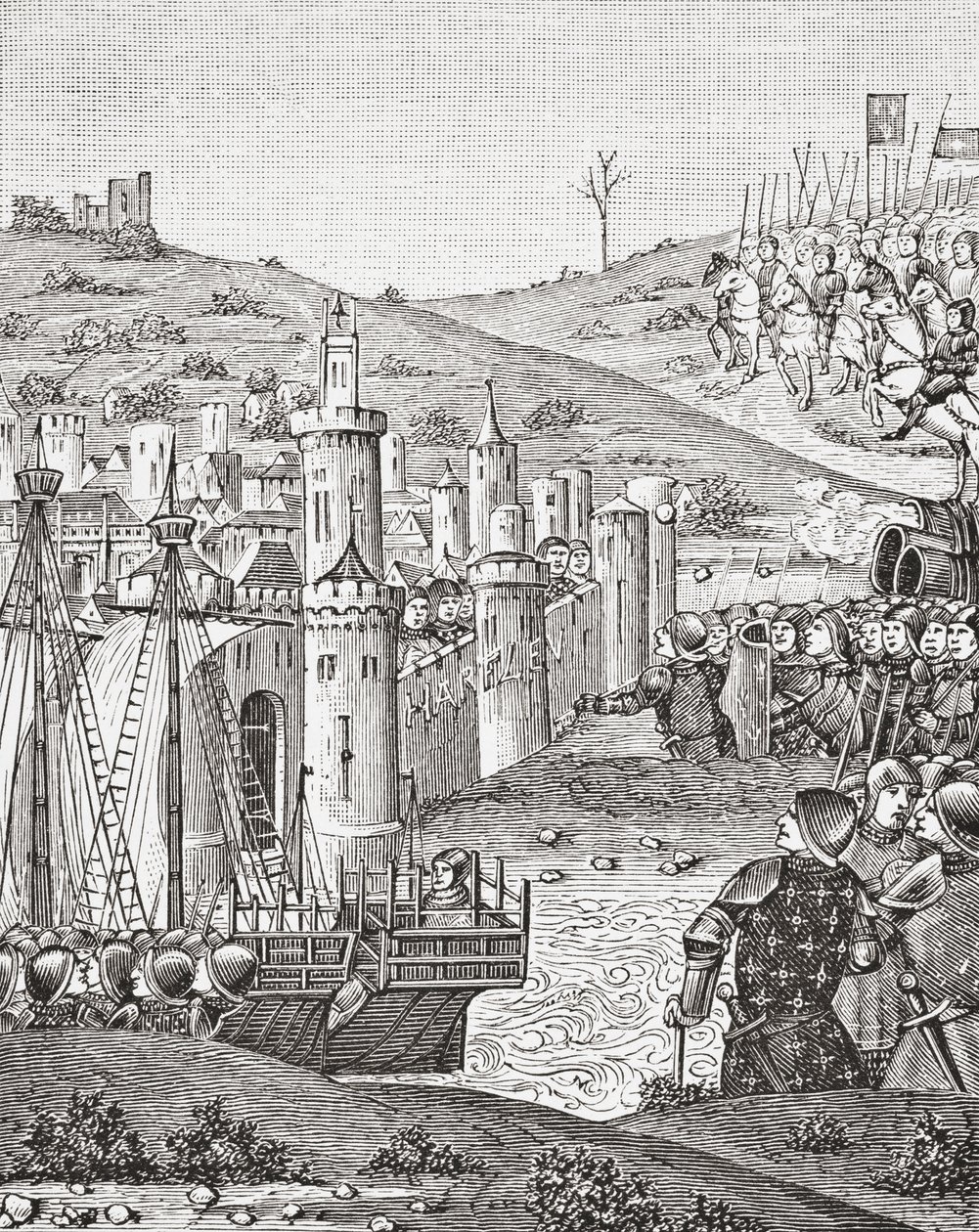 König Karl VII. verlässt Rouen und macht sich auf, die Stadt Harfleur zu belagern, nach einer Miniatur aus dem Manuskript Chroniques de Monstrelet aus dem 15. Jahrhundert, aus Wissenschaft und Literatur im Mittelalter von Paul Lacroix, London 1878 von French School
