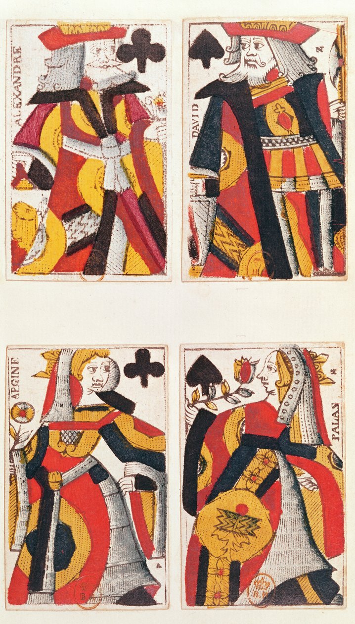 König und Königin spielen Karten (farbiger Holzstich) von French School