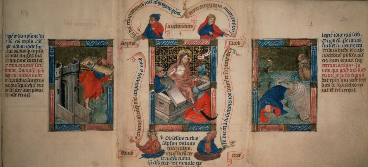 Die Auferstehung, Samson bricht die Tore von Gaza, Jona entkommt dem Wal, aus der Biblia Pauperum, frühes 15. Jahrhundert von French School