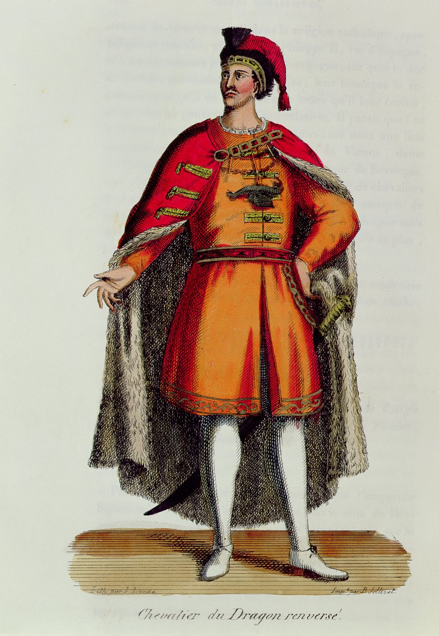 Ritter des Ungarischen Drachenordens gestürzt, Illustration aus Histoire et Costumes des Ordres Monastiques von Pierre Helyot (1660-1716), 1842 von French School
