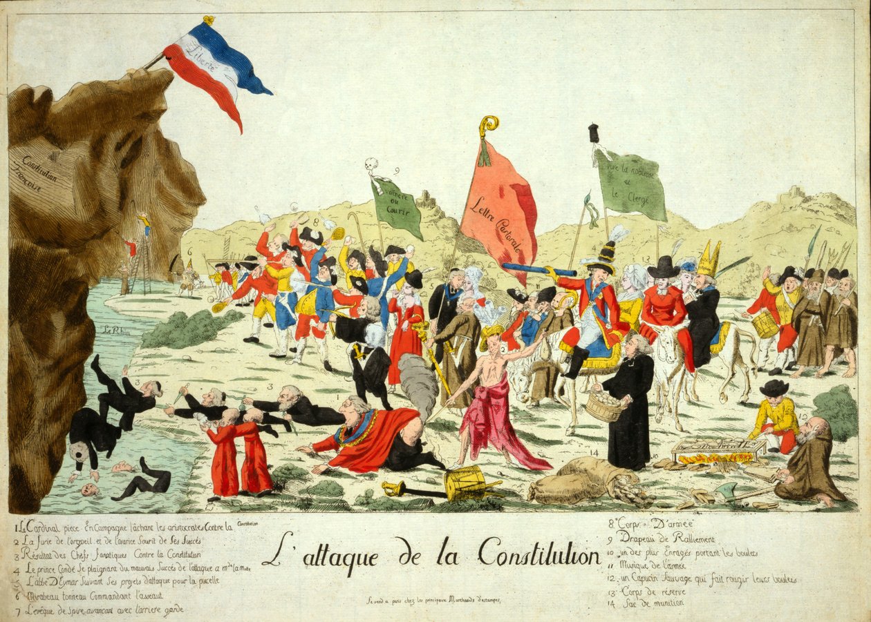 Der Angriff auf die Verfassung, veröffentlicht 1792 (handkolorierte Gravur) von French School