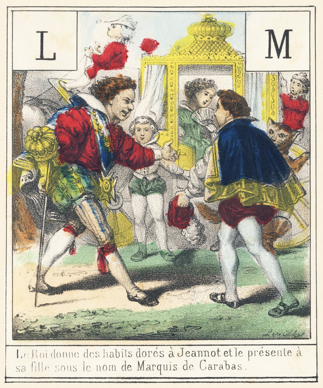 Der König gibt Jeannot goldene Kleider und stellt ihn seiner Tochter als Marquis de Carabas vor von French School