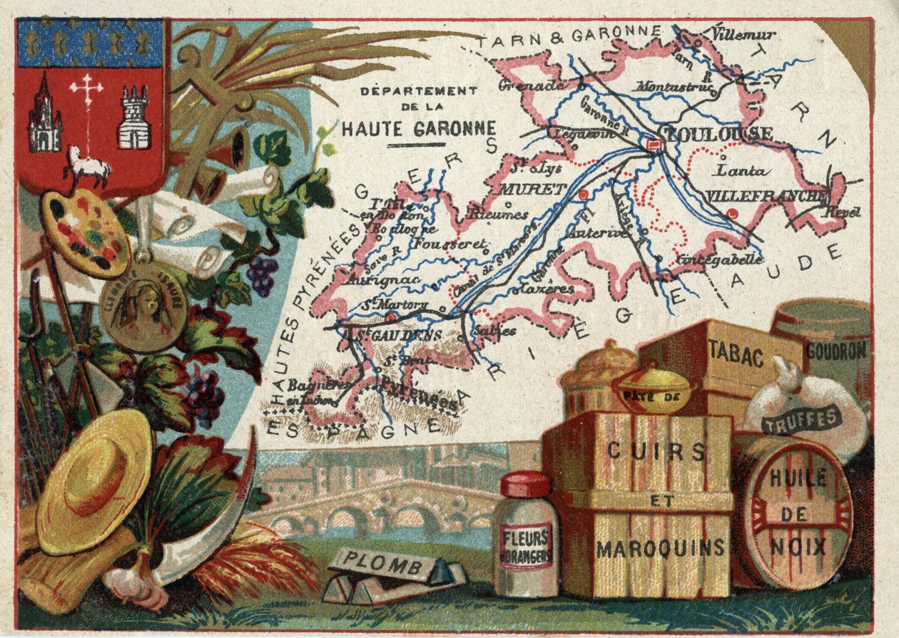 La Haute-Garonne (31), Midi-Pyrénées, Frankreich. Lokale Spezialitäten: Blei, Orangenblüten, Teigwaren, Leder und Lederwaren, Tabak, Walnussöl, Teer und Trüffel. Serie über die französischen Departements. Chromolithographie "Der geografische Faden", ca. 19 von French School