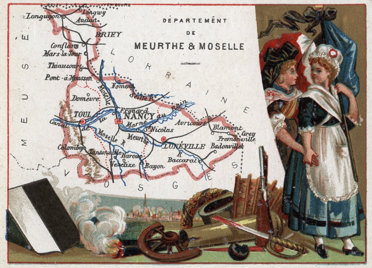 La Meurthe et Moselle (Meurthe-Et-Moselle, 54), Lothringen, Frankreich. Porträt von zwei revolutionären Frauen. Serie über die französischen Departements. Chromolithographie „der geografische Faden“, um 1920. Private Sammlung von French School