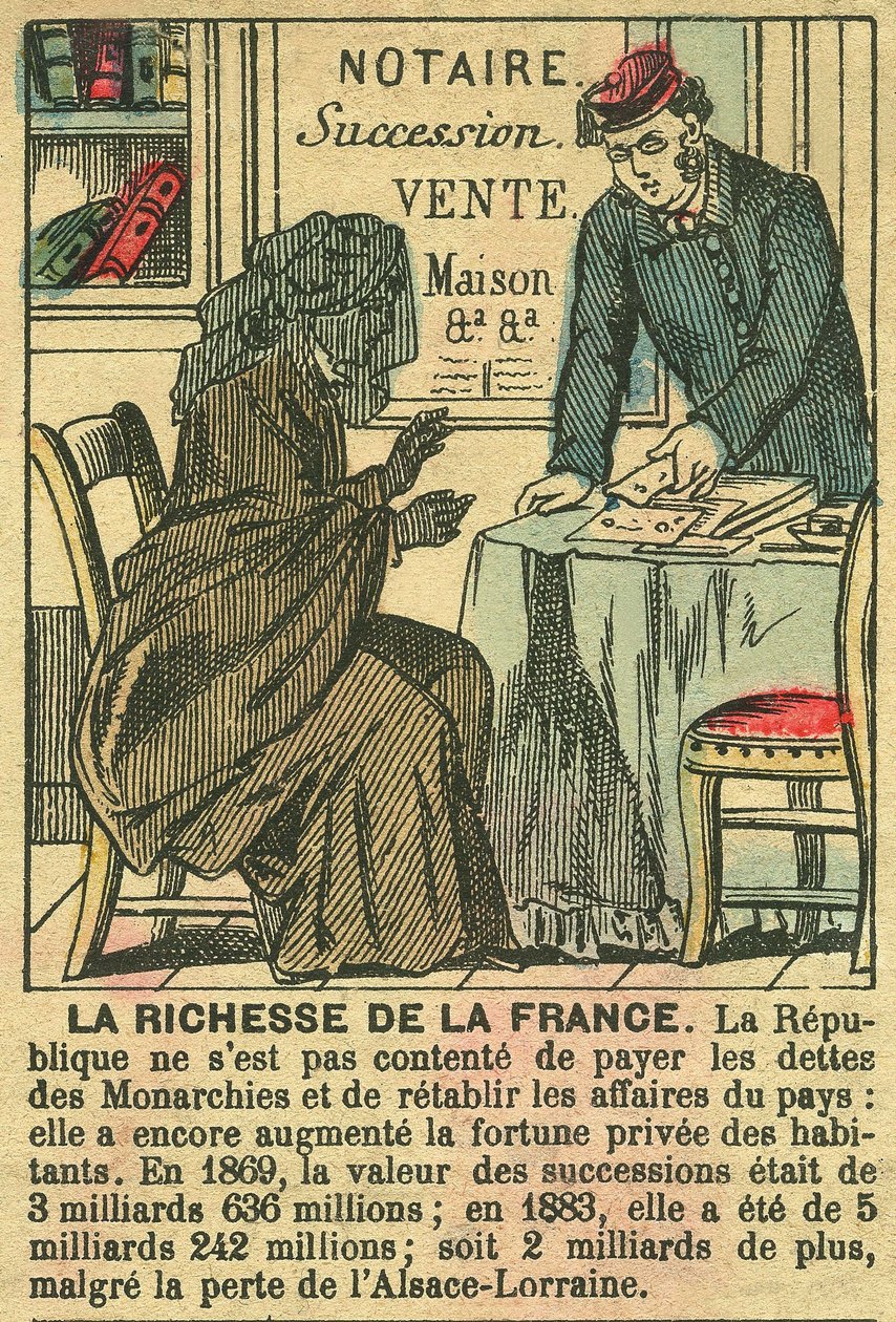 La Riche de la France, Darstellung der Vorteile der Dritten Republik für die persönliche Bereicherung der Franzosen. Stich, in „Le Figaro, Beilage“, am 30.03.1889, Paris. von French School