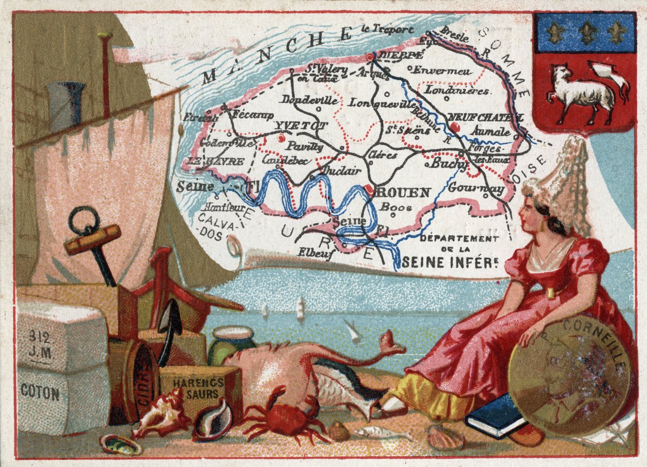 La Seine Inferieure, jetzt Seine Maritime (76), Haute-Normandie, Frankreich. Lokale Spezialitäten: Baumwolle, Cidre, Räucherhering. Porträt von Pierre Corneille (1606-1684), französischer Dramatiker. Serie über die französischen Departements. Chromolithogr von French School