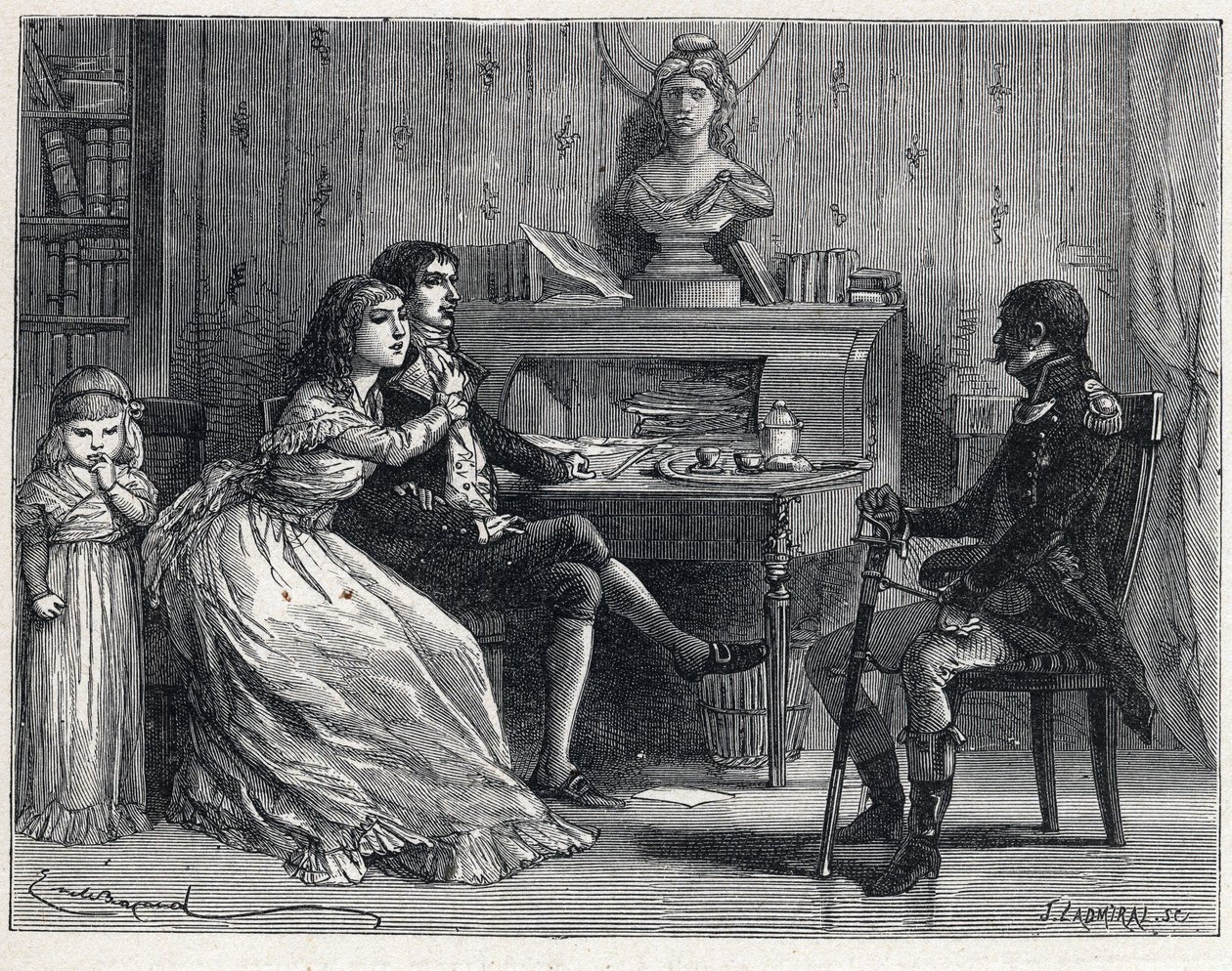 Der Terror während der Französischen Revolution: Camille Desmoulins (1760-1794), inhaftiert, erhält Besuch von seiner Frau Lucile (1770-1794) und dem Marschall Guillaume Brune (1763-1815) von French School