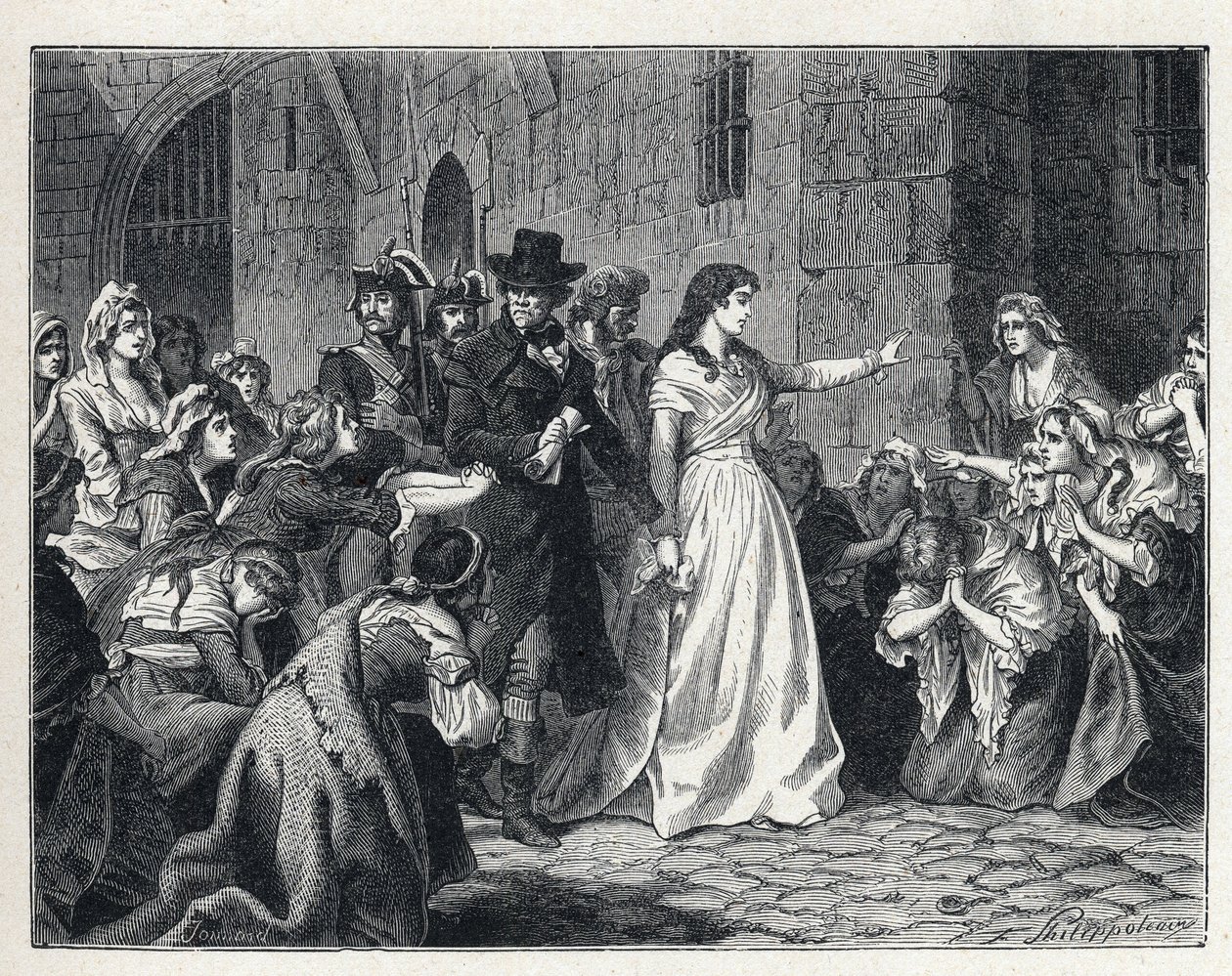 Die Schreckensherrschaft während der Französischen Revolution: Madame Jeanne Marie Roland de la Platière (1754-1793) verlässt das Gefängnis Concierge, um 1793 vor das Revolutionstribunal zu treten. Ihre Mitgefangenen knien auf ihrem Weg nieder. von French School