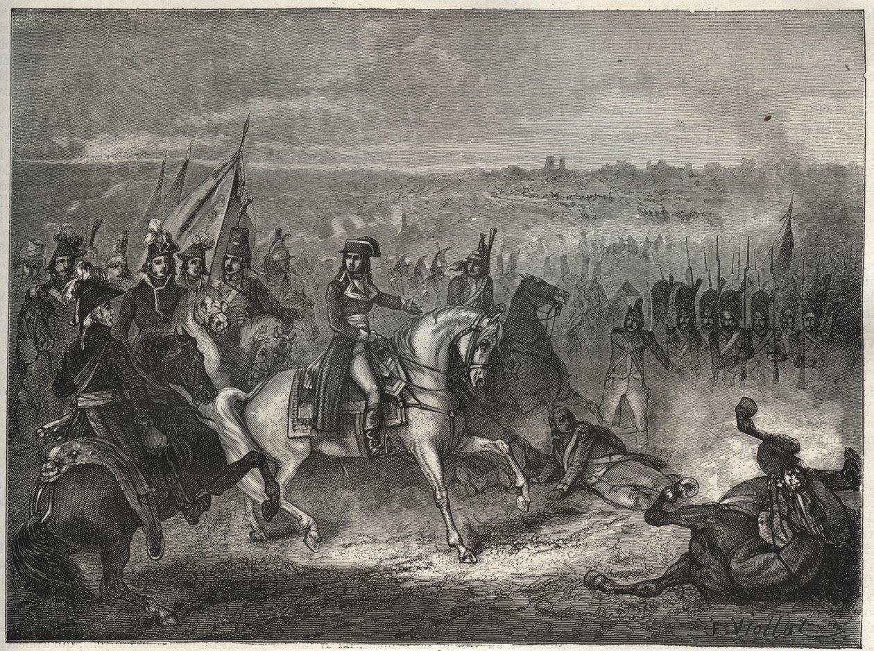 Die Schlacht von Lonato - Napoleon bei Lonato - Auch genannt die zweite Schlacht von Castiglione: In seinem Italienfeldzug besiegt Napoleon die Österreicher unter Wurmser und zwingt sie zum Rückzug nach Mantua. 3. August 1796 - Neue Nationale Enzyklopädie  von French School