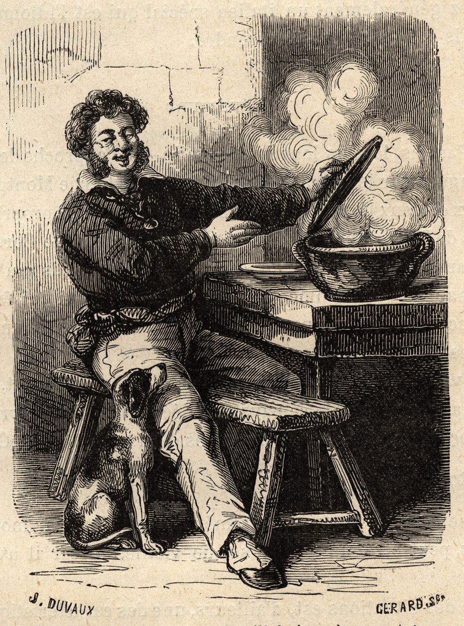 Die Bouillabaisse des Matrosen aus Marseille im 19. Jahrhundert - Gravur in „PATRIE“ - BESCHREIBUNG PACUREQUIRESSE DE LA FRANCE IN 6 BÄNDEN VON LUCIEN HUARD - Ende des 19. Jahrhunderts von French School