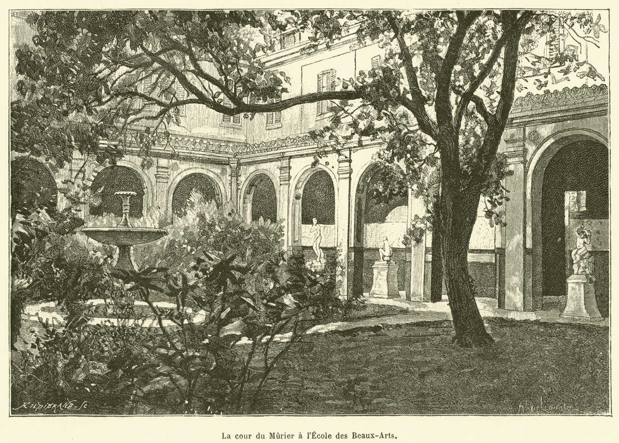 Der Hof des Maulbeerbaums an der École des Beaux-Arts (Gravur) von French School