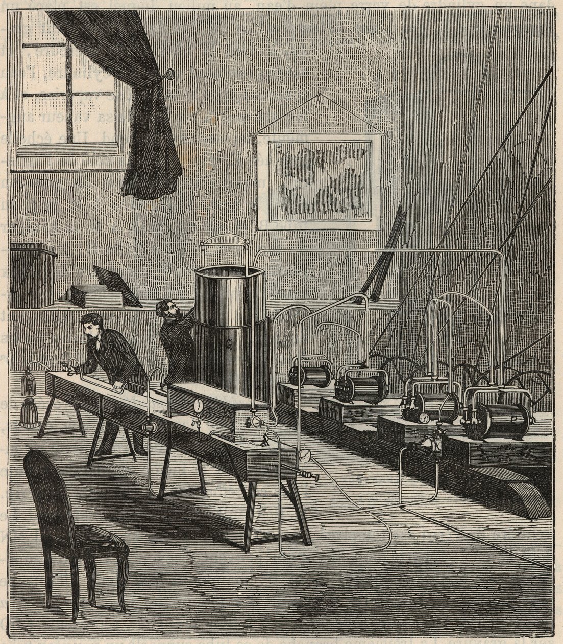 Die Verflüssigung von Gasen im Labor von Raoul Pictet (1878) - Raoul Pierre Pictet (1846-1929), Schweizer Physiker, führt ein Experiment zur Verflüssigung und Verfestigung von Wasserstoffgas durch und untersucht die Eigenschaften von Stoffen bei niedrigen  von French School
