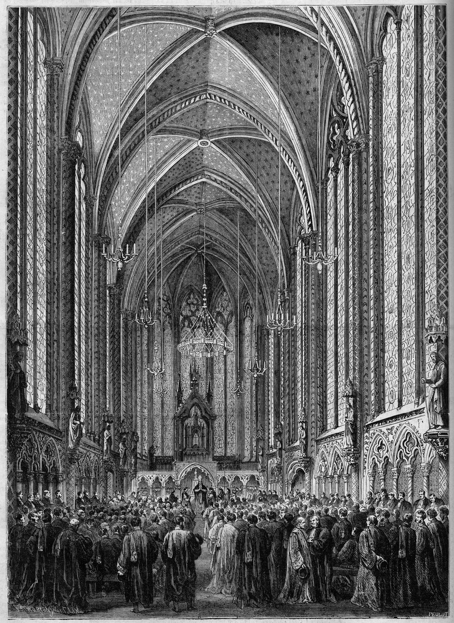 Die Messe des Heiligen Geistes, gefeiert in der Sainte Chapelle von Paris, anlässlich der Rückkehr der Justiz, am 3. November 1863. Gravur in "Le Monde Illustré" Nr. 343 vom 7. November 1863 von French School
