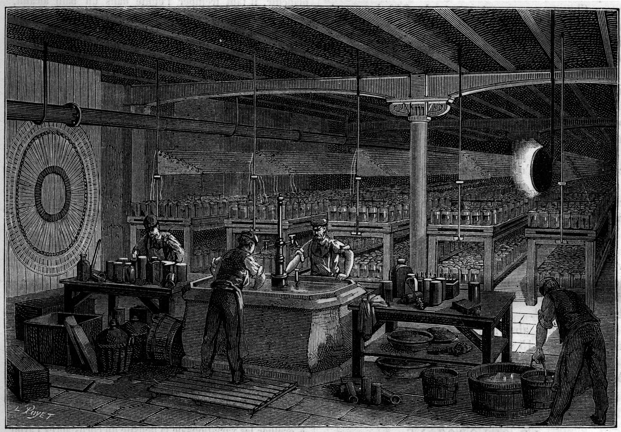 La salle des piles des Zentraltelegraphenamts in Paris. In „La Nature. Revue des sciences et de ses applications aux arts et à l