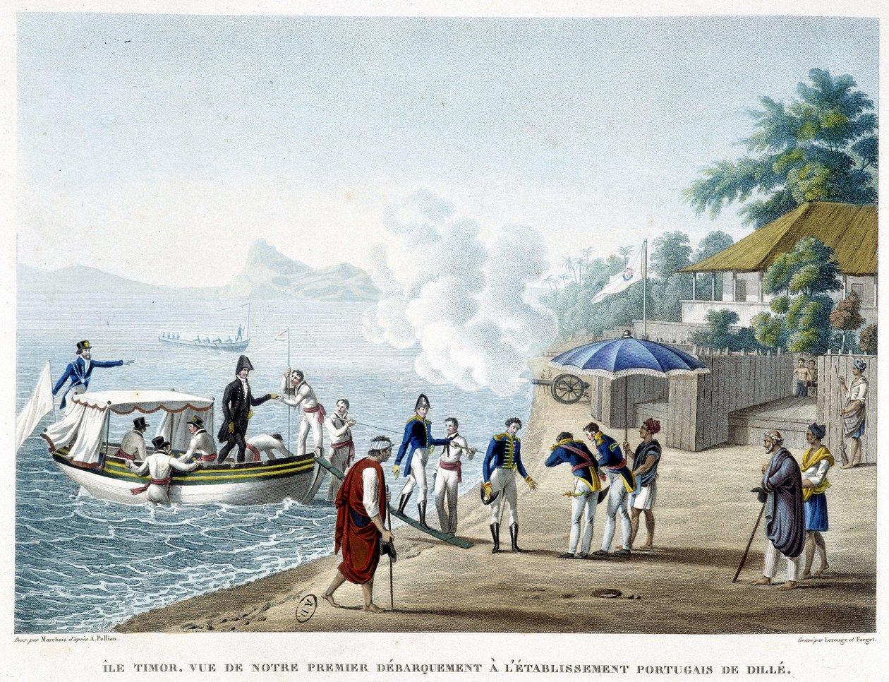 Landung in der portugiesischen Siedlung Dillè, Insel Timor von French School