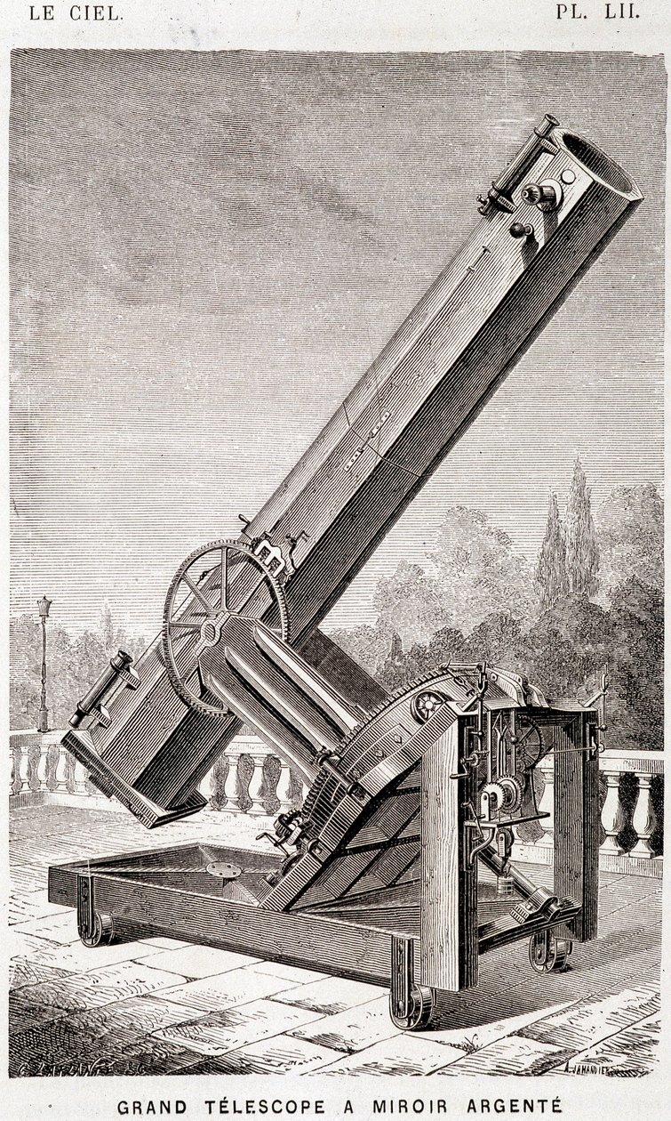Großes silbernes Spiegelteleskop (Léon Foucault System), äquatorial montiert für das Observatorium von Marseille - in „Der Himmel“ von Amédée Guillemin, Hachette, Paris von French School