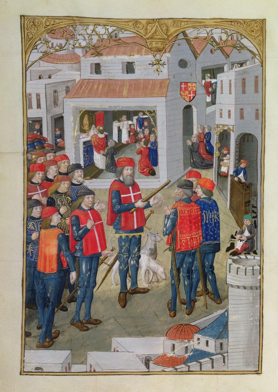 Lat 6067 fol.33v Die Ritter des Johanniterordens bereiten sich auf die Verteidigung von Rhodos vor, aus A History of the Siege of Rhodes, von Guillaume Caoursin, 1483 von French School