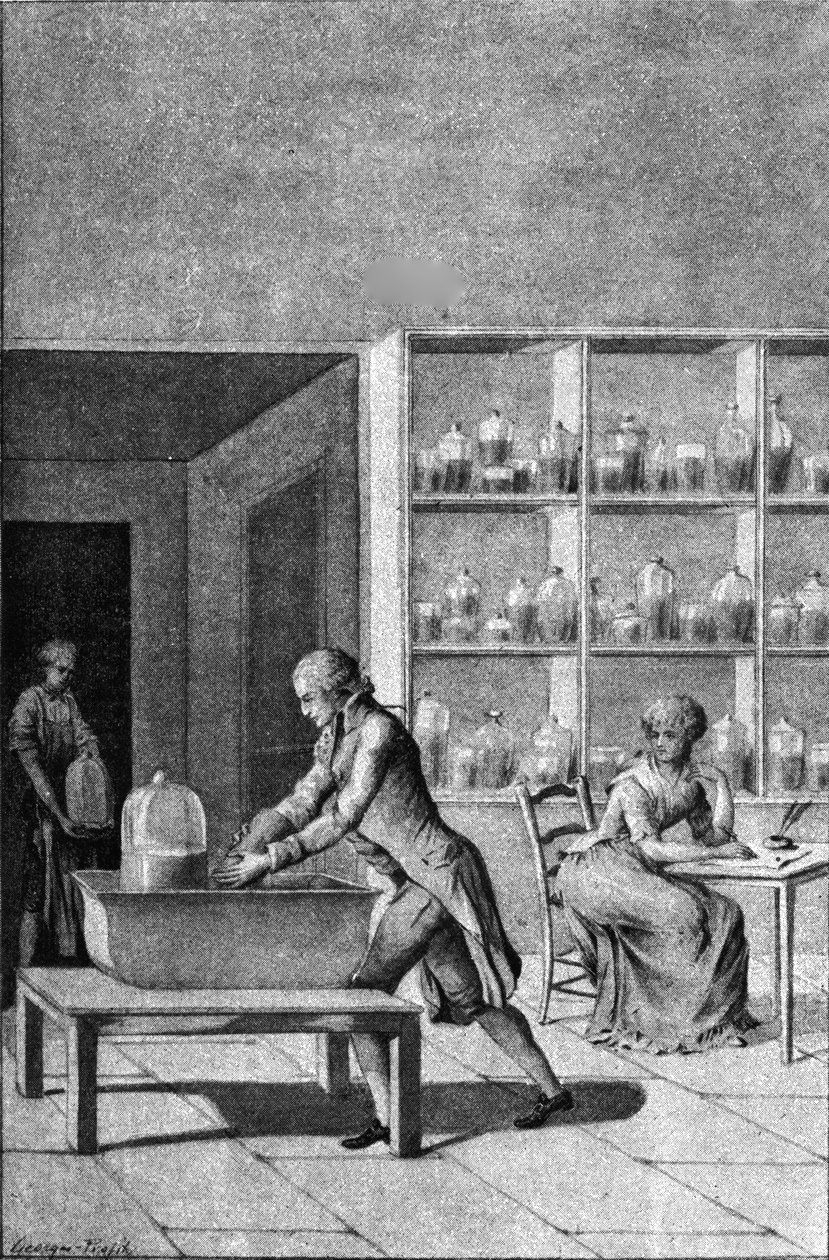 Lavoisier in seinem Labor im Arsenal, zeigt ein Experiment zur Atmung, 18. Jahrhundert von French School