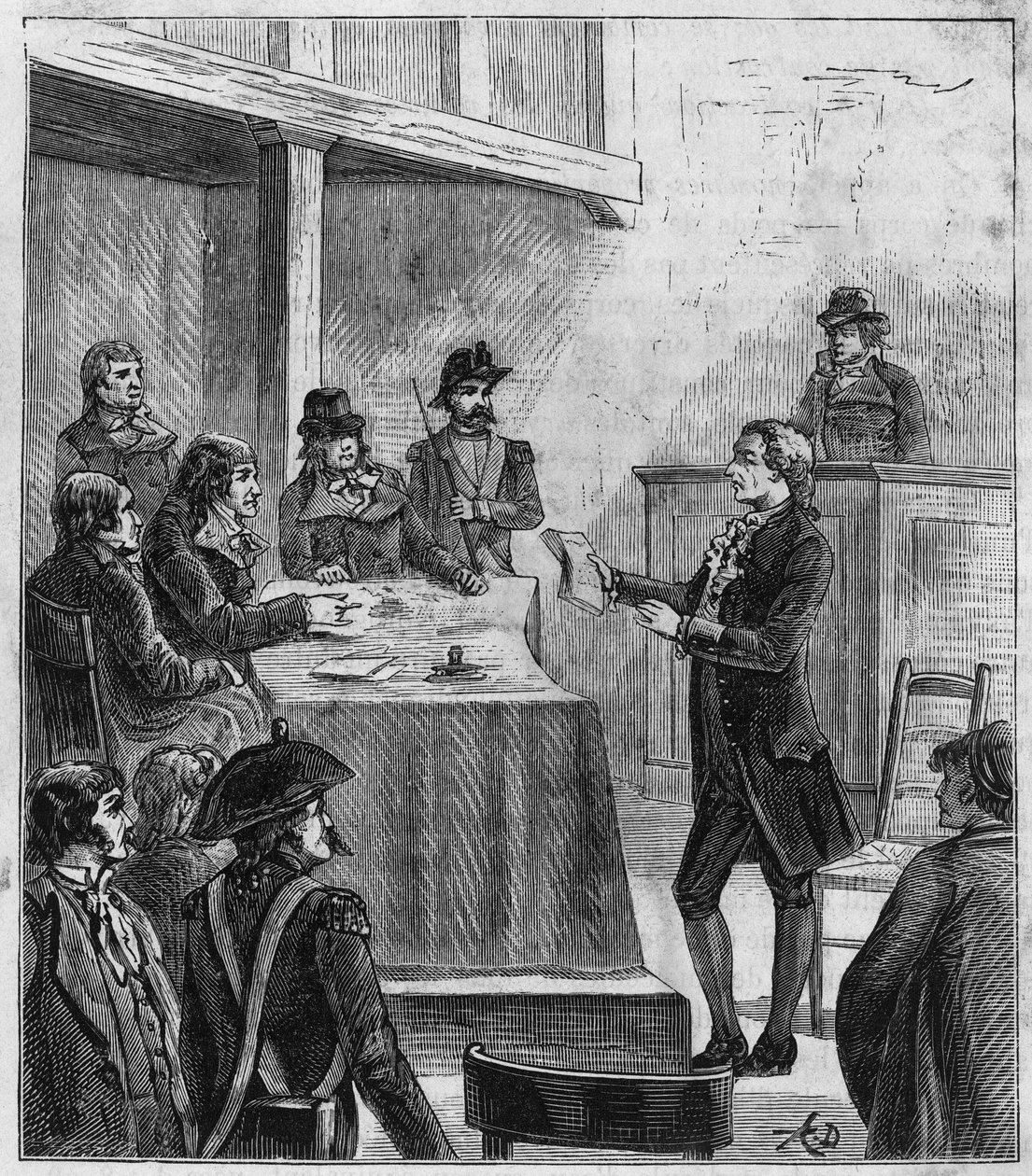 Lavoisiers Prozess - Antoine Laurent de Lavoisier (1743-1794), französischer Chemiker vor dem Revolutionstribunal - Gravur in "Sciences à la gratete de tous - physics et chimie populaires" von Alexis Clerc - Ende 19. Jahrhundert - Privatbesitz von French School