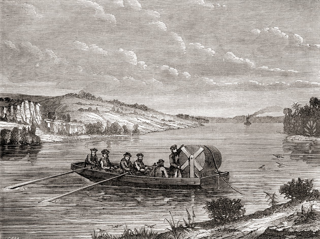 Verlegung eines Telegraphenkabels unter einem amerikanischen Fluss um 1860, aus Les Merveilles de la Science, veröffentlicht um 1870 (Stich) von French School