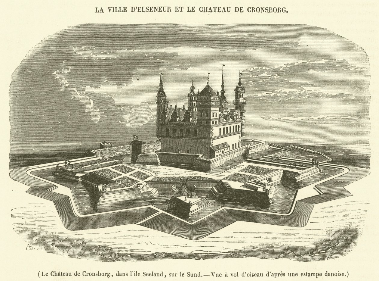 Das Schloss von Cronsborg, auf der Insel Seeland, am Sund, Vogelperspektive von French School