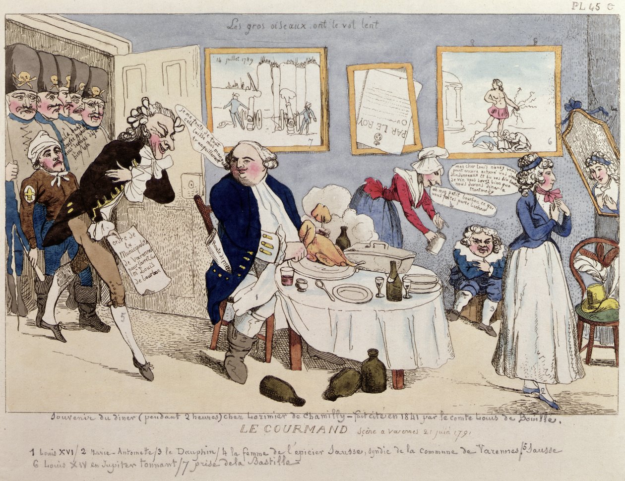 Le Gourmand, Karikatur von Ludwig XVI. (1754-93) und der französischen Königsfamilie zum Zeitpunkt ihrer Verhaftung in Varennes am 21. Juni 1791 von French School