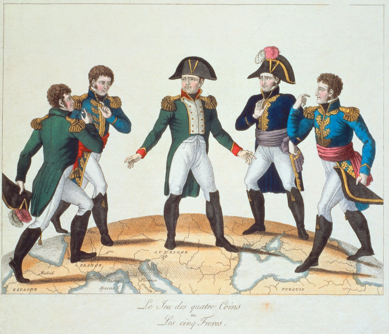 Le Jeu des Quatre Coins ou Les Cinq Frères, bonapartistische Karikatur, die Napoleon und seine Brüder darstellt, 1808 von French School