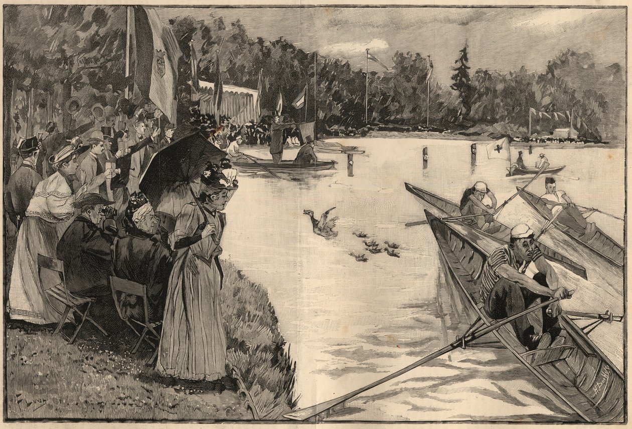 Le Lendit de Paris: Schulregatten am großen See im Bois de Boulogne - Gravur von 1894 nach der Zeichnung von Herrn Lunel von French School
