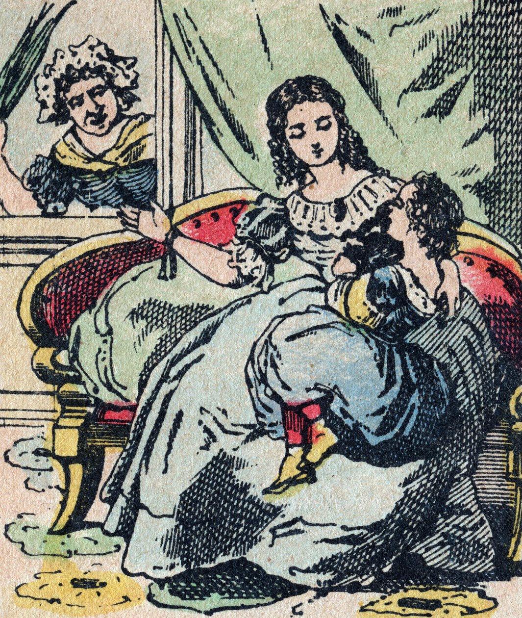 Le Pere Fouettard, französische Figur des Peitschenvaters, legendäre Figur des Folklore, die unartige Kinder bestraft: seine Frau, La Mere Fouettard, die Peitschenmutter, die die braven Kinder nicht tadelt - Epinal-Bild von French School
