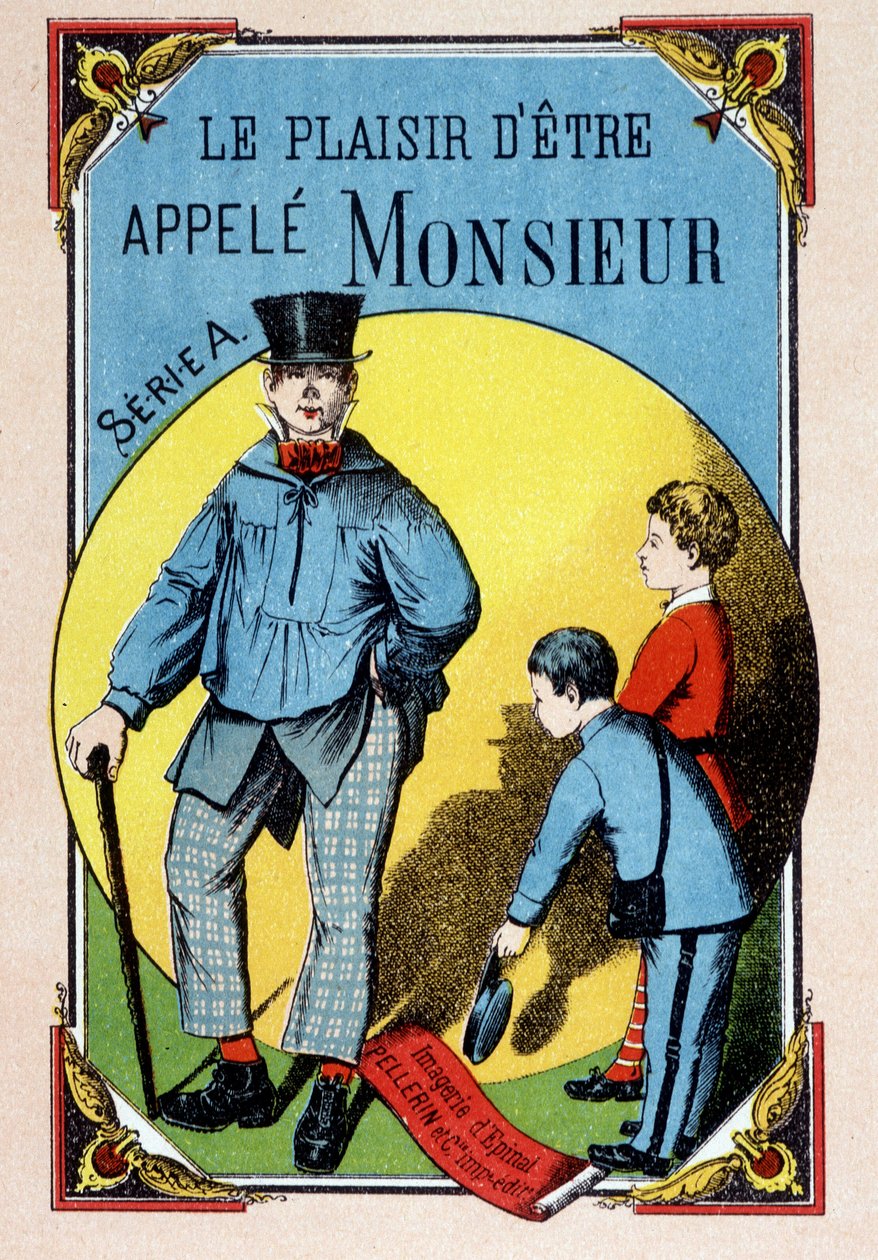 Das Vergnügen, Monsieur genannt zu werden: Kinder grüßen einen Arbeiter in einer Bluse mit Zylinder, Bild von Epinal, 19. Jahrhundert von French School