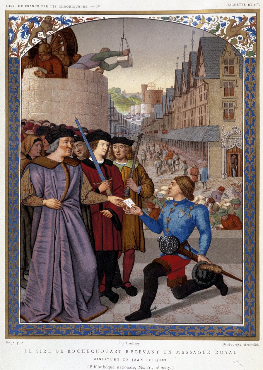 Le Sire de Rochechouart empfängt einen königlichen Boten. nach Fouquet, in „Die Chronisten der Geschichte Frankreichs von den Ursprüngen bis zum 16. Jahrhundert“ von Mme de Witt, Paris von French School
