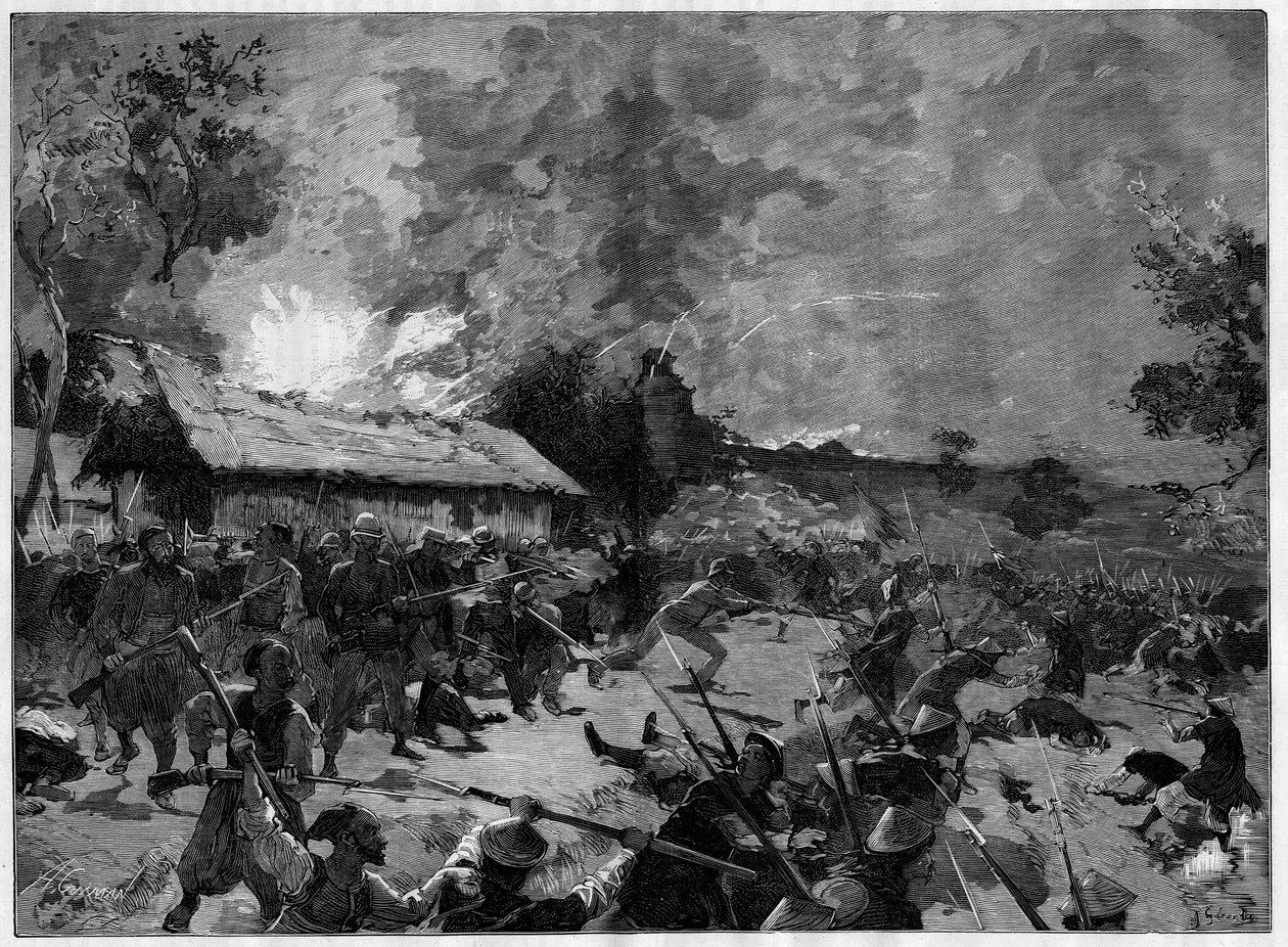 Der Hinterhalt von Hue, 4.-5. Juli 1885: Angriff einer tonkinischen Armee (Vietnam) gegen die französischen Truppen von General de Courcy. Gravur in „Le Monde Illustré“ von French School