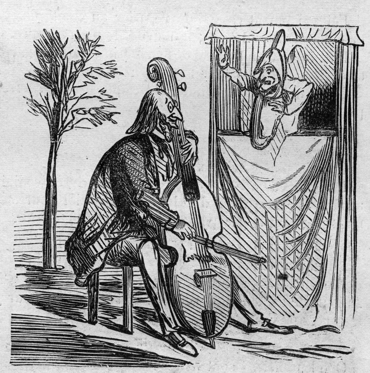 Der Maestro Offenbach erobert mit seiner Musik alle Theater von Paris. Der deutsch-französische Komponist Jacques Offenbach (1819-1880) spielt Cello. Karikatur von Cham. Gravur in 