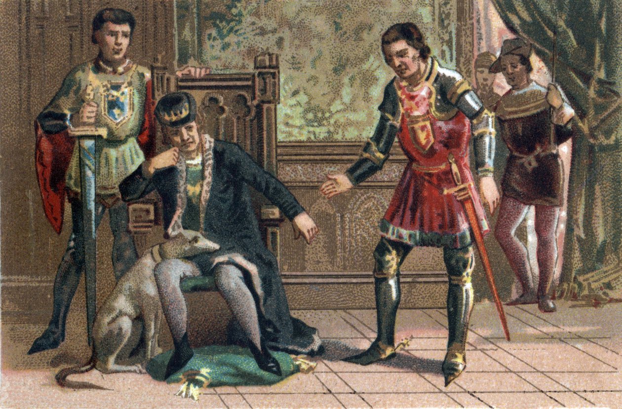 Liga des Gemeinwohls: König Ludwig XI. trifft Karl den Kühnen in Peronne, Herzog von Burgund. Chromolithographie um 1890. von French School