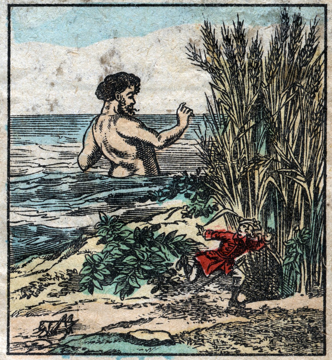 Lemuel Gulliver versteckt sich vor einem Riesen in Brobdingnag. Illustration für "Gullivers Reisen" von Jonathan Swift (1667-1745). Epinal-Bildgebung Ende des 19. Jahrhunderts. von French School